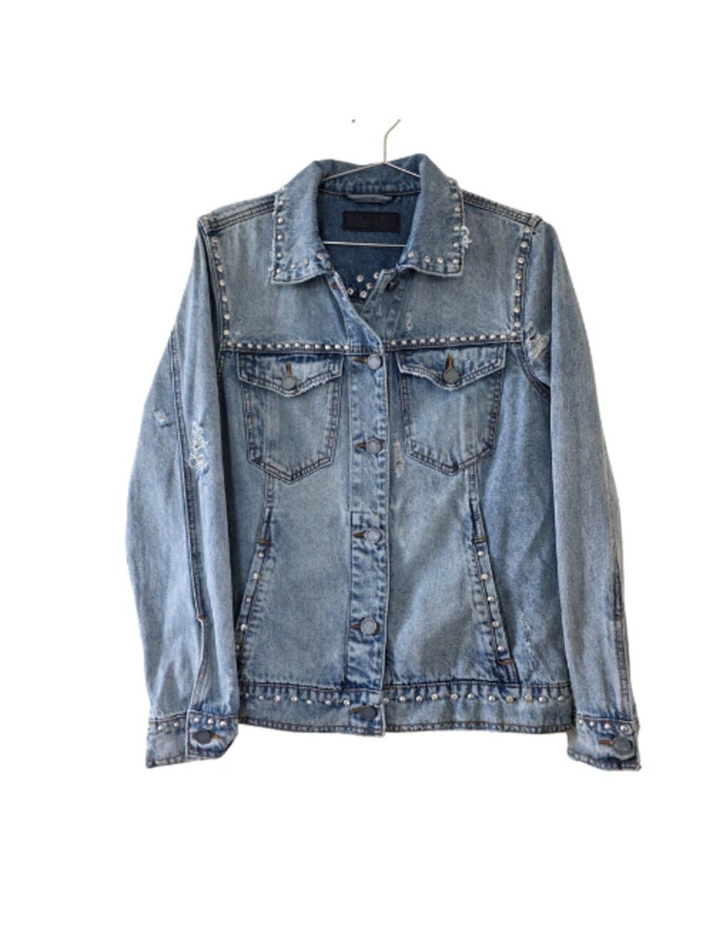 Blank NYC Studded Distressed Denim Jacket Light Wash Womens S Pearl Rhinestone
